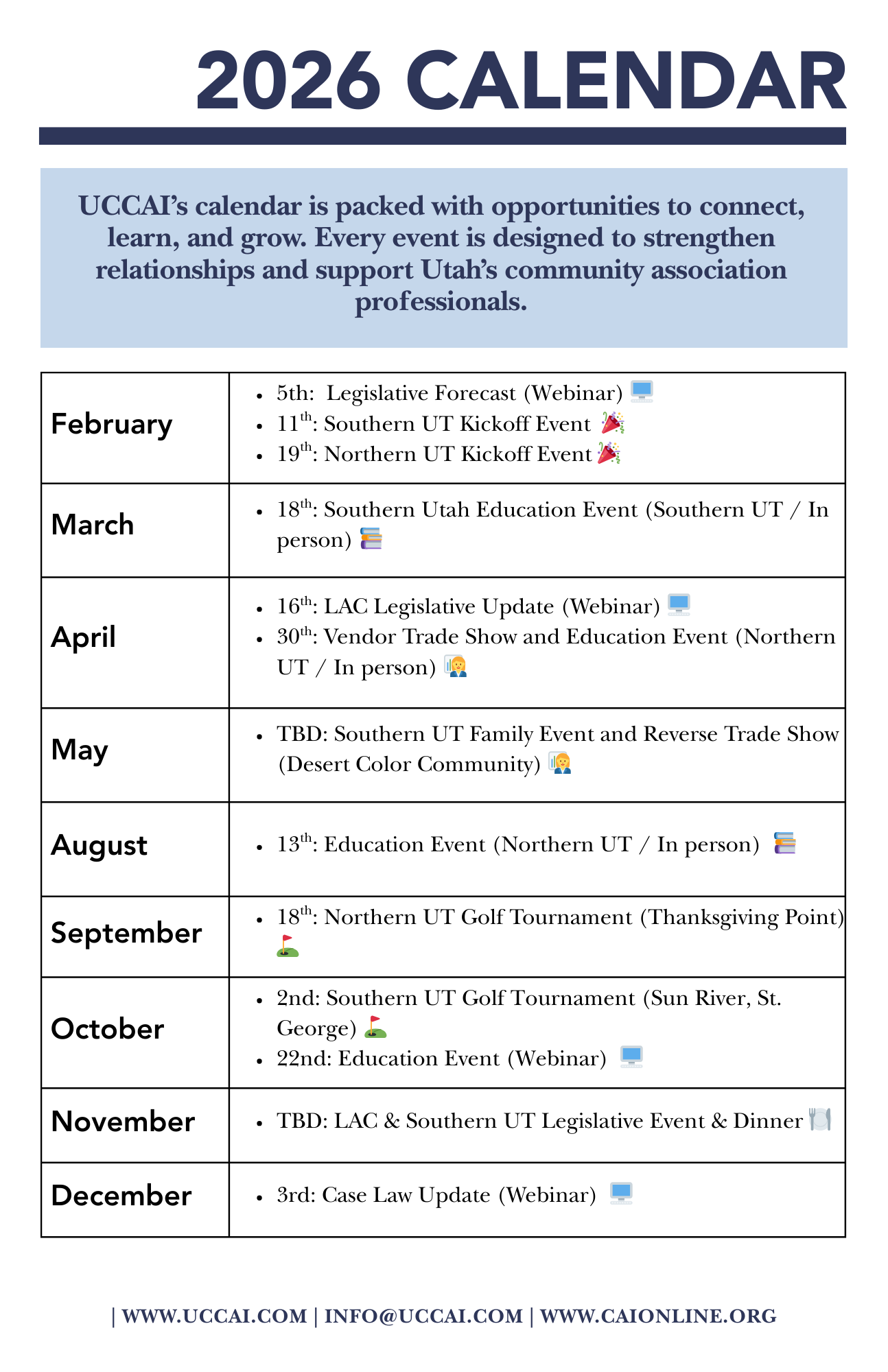 2026 Calendar of Events