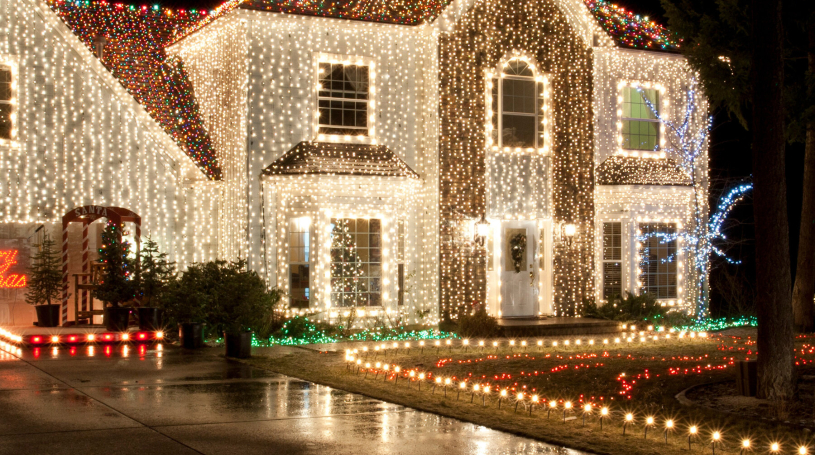 home decorated with holiday lights