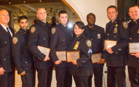 Photo by Zach Williams L to R: NYPD Officers Ravi Singh, Scott Williams, James Quirk, Sgt. Maggie Clamp, Officers Jackson Dagobert, Sean Malone and Gerard Collins were honored at The Greenwich Village-Chelsea Chamber of Commerce’s 11th Annual Safe City, Safe Streets luncheon.