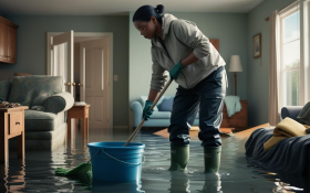 person cleaning up flooded house