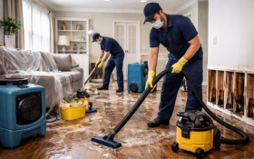 professionals cleaning up inside water damage